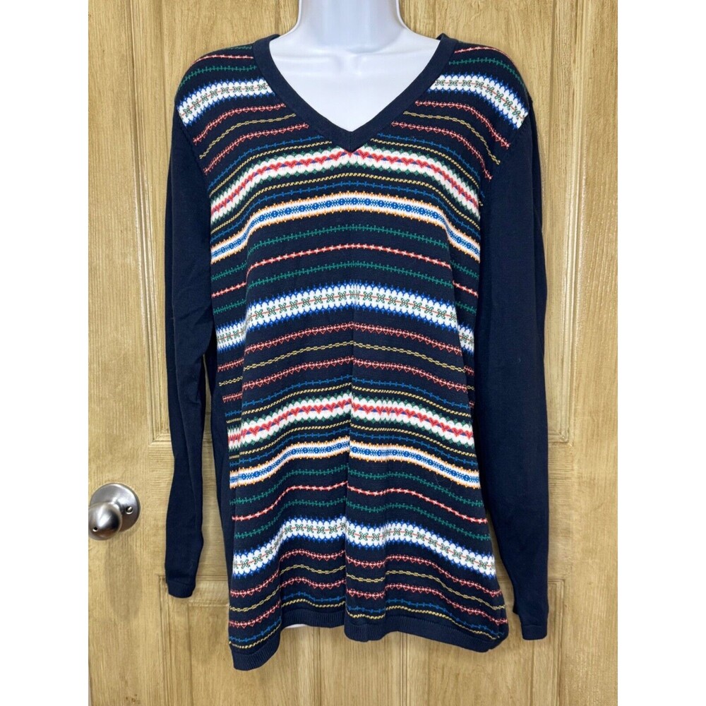 Tommy Hilfiger Sweater Women's Striped Hearts Blue Knit V Neck Classic Preppy XL